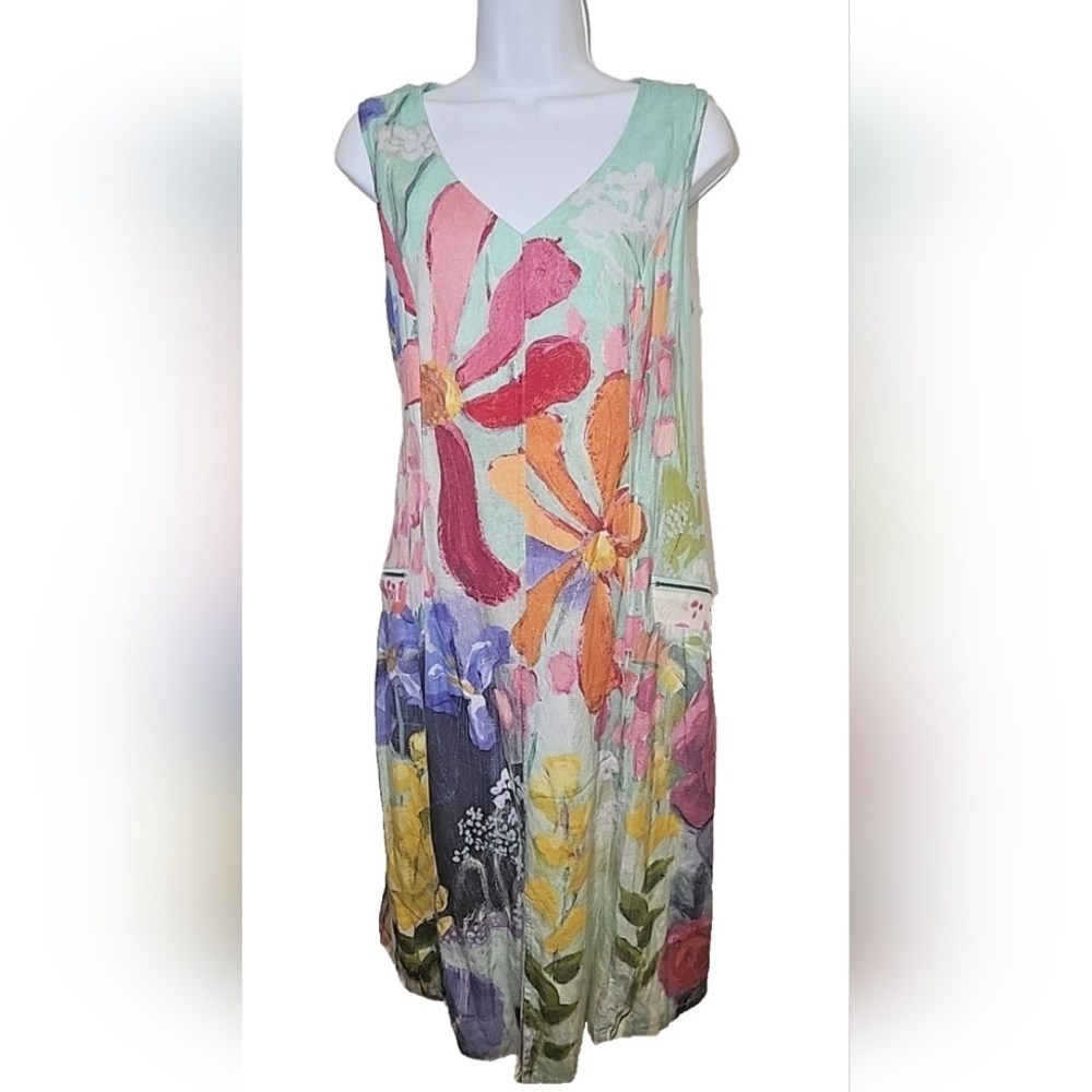 Claire Desjardins Floral Sudden Summer Linen Sleeveless‎ Dress Size Small Art!